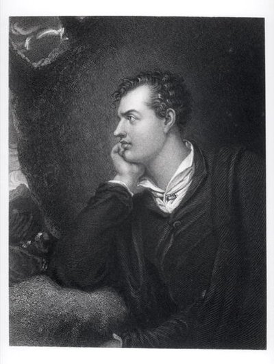 Retrato de George Gordon, 6º Lord Byron de Rochdale (1788-1824) (gravura) (foto a p/b) de English School