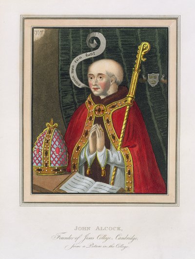 Retrato de John Alcock (c. 1430-1500), fundador da faculdade de Jesus, Cambridge, da história de Cambridge, bar. por R. Ackermann, 1815 (cor aquatint) de English School