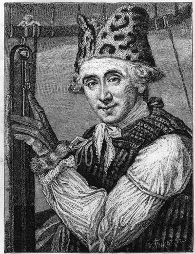 Retrato de John Jeffries (1745-1819), físico americano. Ele foi representado no fato aeronáutico que usou em 1785 quando atravessou o Canal num balão de ar quente. (De uma gravura em inglês, publicada em 1786). (Coleção Tissandier). Gravura em " de English School