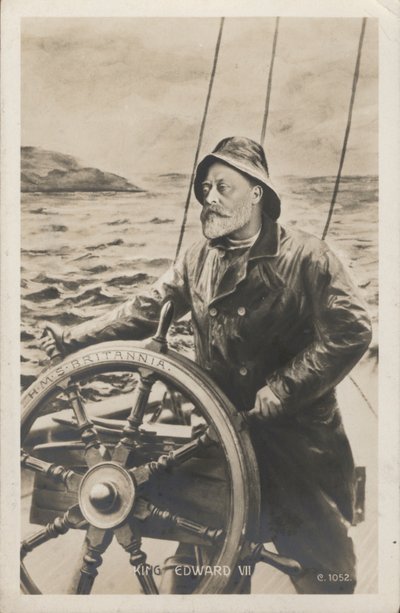 Retrato do Rei Eduardo VII no leme da HMS Britannia (litho) de English School