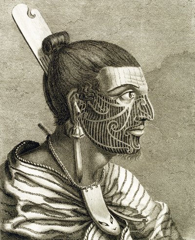 Retrato de um homem maori com tatuagens Ta Moko de English School