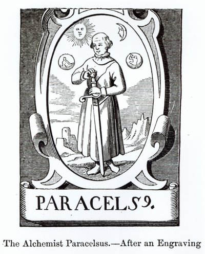 Retrato de Paracelso (Philippus Aureolus Theophrastus) (1493-1541), ilustração da Ciência e Literatura na Idade Média e do Renascimento, escrita e gravada por Paul Lacroix, 1878 (woodc de English School