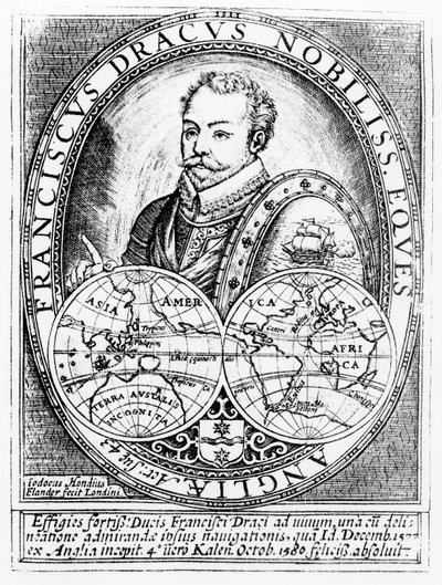 Retrato de Sir Francis Drake (c.1540-96) com a idade de 43 anos, gravado por Jodocus Hondius (1567-1611) de English School