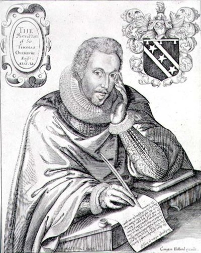 Retrato de Sir Thomas Overbury (1581-1613) escrevendo o seu epitáfio, gravado por Renold Elstrack (1571-c.1630) 1613 (gravura) de English School
