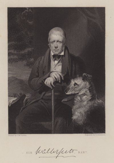 Retrato de Sir Walter Scott, com cão (gravura) de English School
