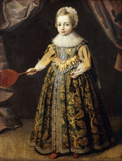 Retrato, de, um, menino, 3 anos, ficar, comprimento total, em, um, vestido verde, bordado ouro, um laço, e, ruff, segurando, um, battledore, e, peteca, 1605 de English School