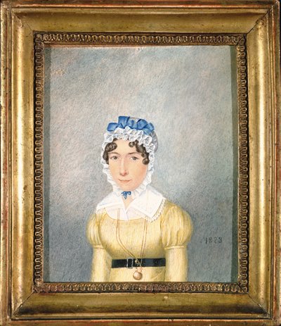 Retrato de uma senhora com um medalhão de ouro, 1823 (guache e wc no papel) de English School