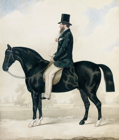 Retrato de um cavalheiro de cartola, sentado em um caçador negro de English School