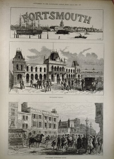 Portsmouth: A Estação Ferroviária e a High Street, Government House, de &39;The Illustrated London News&39;, 8 de abril de 1882 de English School