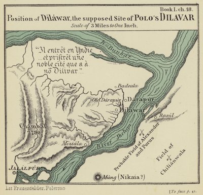 Posição de Dilawar, o suposto local do Dilavar de Polo (litografia a cores) de English School
