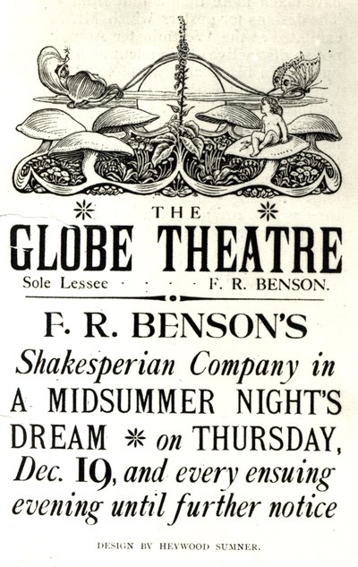 Propaganda de cartazes &39;Sonho de uma noite de verão&39;, de William Shakespeare (1564-1616), interpretada por Shakespearean Company, de FR Benson, no Globe theatre, c.1890 (impressão) de English School