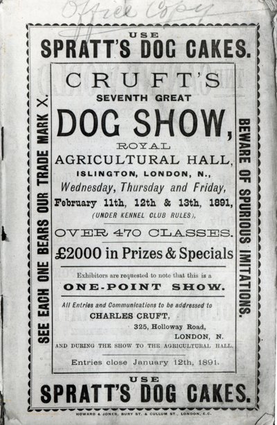 Cartaz publicitário Cruft&39;s Dog Show no Royal Agricultural Hall, em Islington, Londres, em 1891 de English School