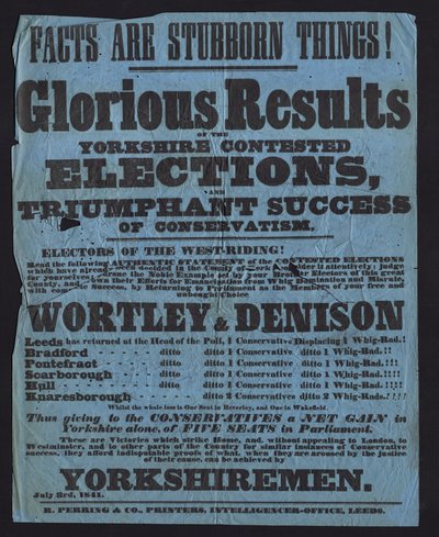 Cartaz celebrando a vitória de candidatos conservadores nas eleições parlamentares em Yorkshire de English School