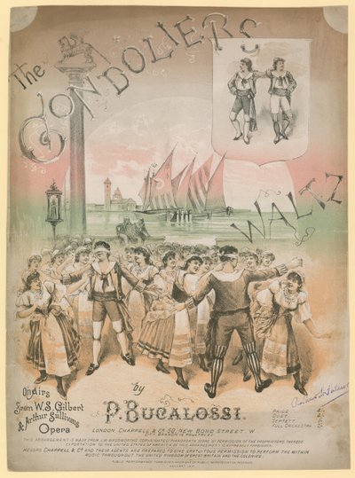 Cartaz para The Gondoliers Waltz de P Bucalossi em aeros pela WS Gilbert e Arthur Sullivans opera de English School