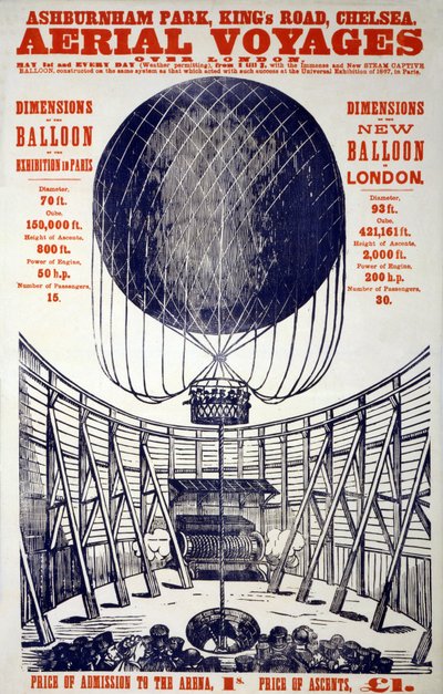 Cartaz promovendo "Aerial Voyages over London", pub . 1867 (Litografia a cores) de English School
