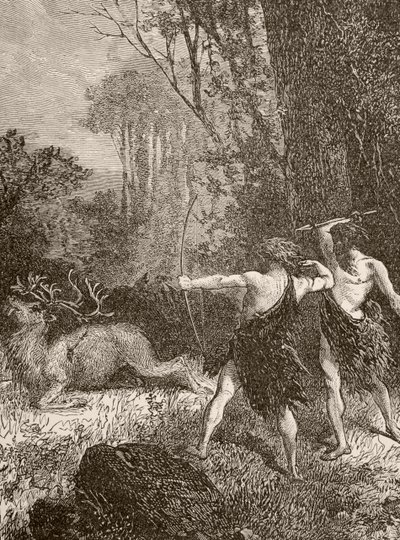 Caça homem pré-histórico com arco e flecha e lança de English School