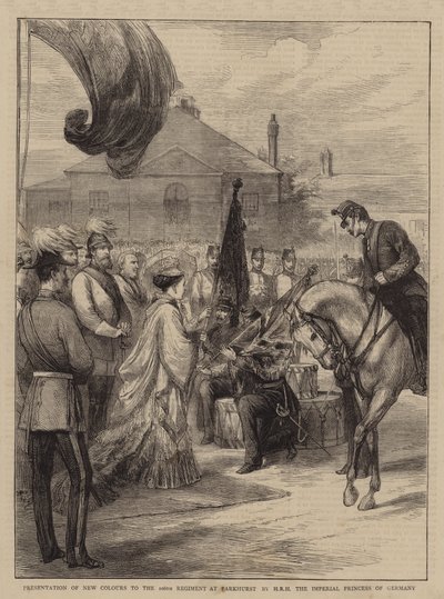 Apresentação de Novas Cores ao 106º Regimento em Parkhurst por HRH a Princesa Imperial da Alemanha (gravura) de English School