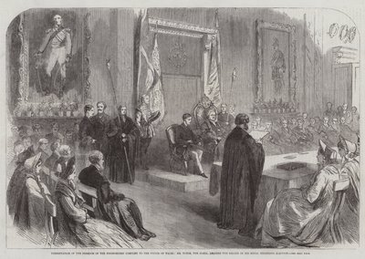 Apresentação da Liberdade da Companhia de Pescadores ao Príncipe de Gales, Sr. Towse, o Escrivão, lendo o Registo das Eleições de Sua Alteza Real (gravura) de English School