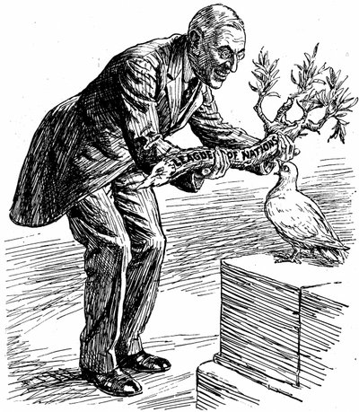O Presidente Wilson entrega à Pomba da Paz um ramo de oliveira com o rótulo "Liga das Nações", de "Punch", Londres, 26 de março de 1919 (impressão) de English School