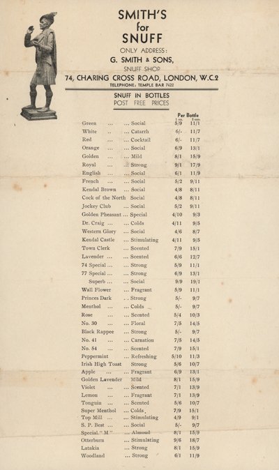 Lista de preços para G Smith & Sons, Snuff Shop de English School
