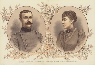 Príncipe Aribert de Anhalt-Dessau e Princesa Louise de Schleswig-Holstein (chromolitho) de English School