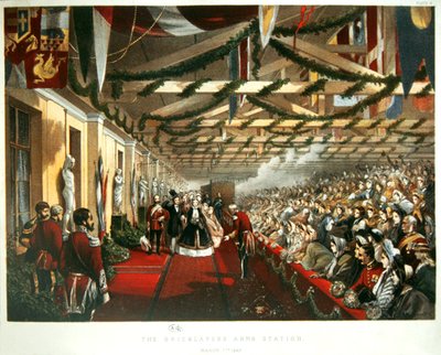 A Princesa Alexandra da Dinamarca chega a Londres a 7 de Março de 1863 na The Bricklayers Arms Station com o seu futuro marido, o Príncipe de Gales. 1863 (cor litho) de English School