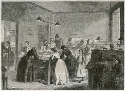 Escritório de impressão (Victoria Press) na Great Coram Street, para o emprego de mulheres como compositoras de English School