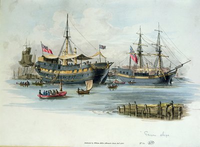 Prisão Navios usados pelos britânicos durante as guerras napoleônicas para abrigar prisioneiros franceses, 1805 (gravura a cores) de English School