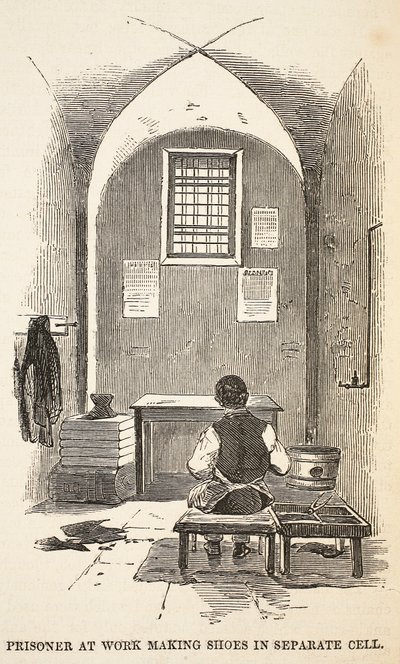 Prisioneiro no trabalho que faz sapatas na pilha separada, ilustração das prisões criminosas de Londres e cenas da vida da prisão por Henry Mayhew e por John Binny, bar. 1862 de English School