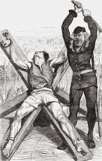 Prisioneiro sendo torturado na Cruz de St. Andrews, c.1865 (gravura em madeira) de English School