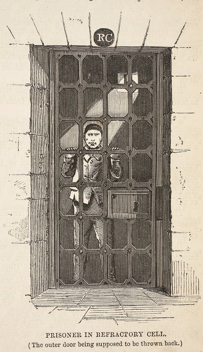 Prisioneiro na cela refratária (a porta exterior que está sendo supor para ser jogado para trás), ilustração das prisões criminosas de Londres e cenas da vida da prisão por Henry Mayhew e por John Binny, bar. 1862 (e de English School
