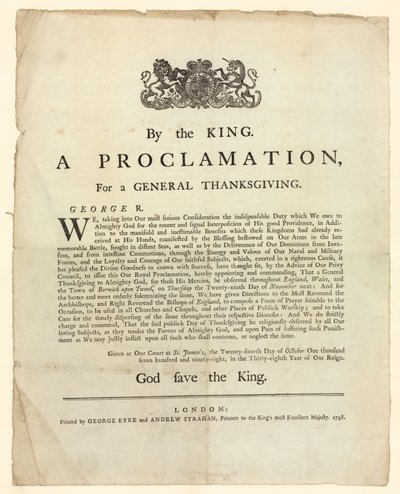 Proclamação para um Dia de Ação de Graças Geral, 1798 de English School