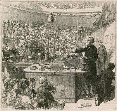 Professor Tyndall lecionando na Royal Institution, 1870 de English School
