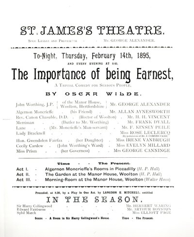 Programa para uma performance de The Importance of Being Earnest, de Oscar Wilde (1854-1900) no St. James Theatre, 14 de fevereiro de 1895 de English School