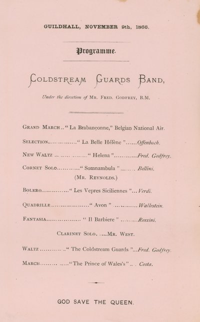 Programa para o banquete no Guildhall, Londres, em 9 de novembro de 1866 de English School