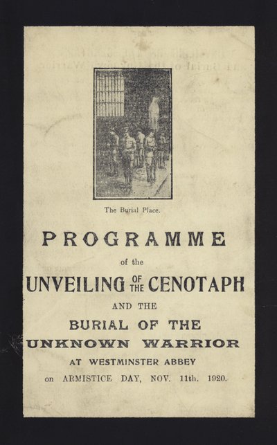 Programa para o desvelar do Cenotáfio e o enterro do Guerreiro Desconhecido, Abadia de Westminster, Londres, 11 de novembro de 1920 de English School