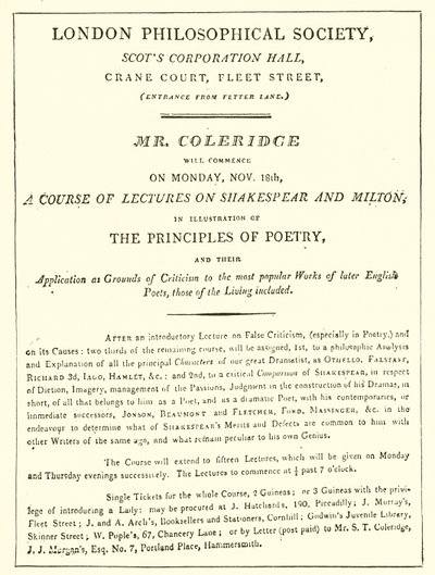 Programa de Coleridges Palestras de 1808 de English School