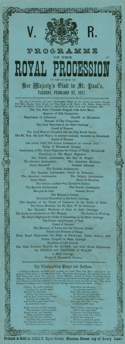 Programa da Procissão Real, por ocasião da visita de Sua Majestade à Catedral de São Paulo, em Londres, em 27 de fevereiro de 1872 de English School
