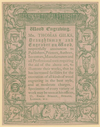 Cartão promocional para Thomas Gilks, desenhista e gravador em madeira de English School