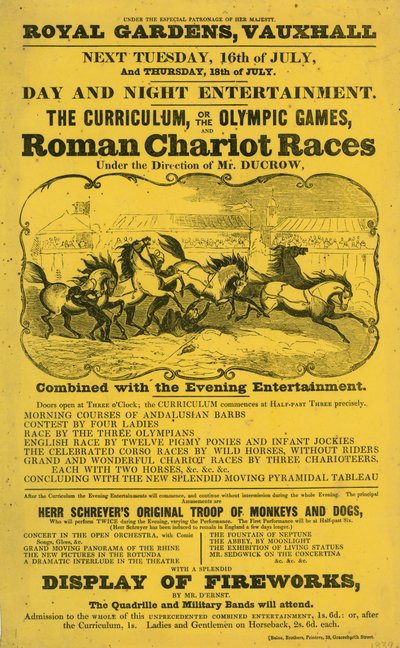 Folheto promocional para o currículo; ou, os Jogos Olímpicos e a Corrida de Carruagem Romana no Royal Gardens, Vauxhall, Londres de English School