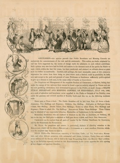 Folheto promocional para um grande café da manhã público e concerto pela manhã em 15 de julho de 1846 de English School
