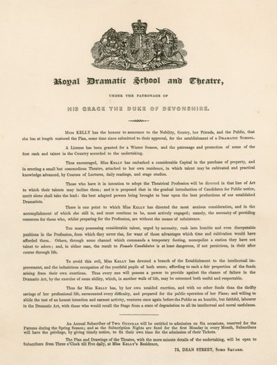 Carta promocional para a Escola e Teatro Dramático Real, 73 Dean Street, Soho Square, Londres de English School