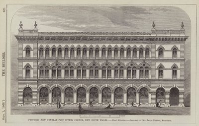 Proposta New General Post Office, Sydney, New South Wales, Flank Elevation, projetada pelo Sr. James Barnet, Arquiteto (gravura) de English School