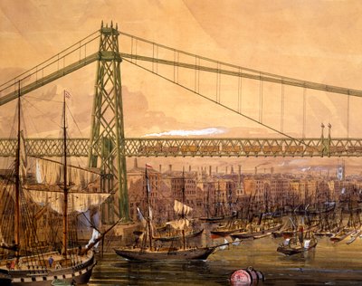 Proposta de ponte ferroviária sobre o rio Tâmisa, perto da torre (aquatinta colorida à mão) de English School