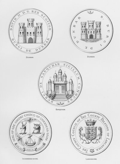 Armas públicas: Dunbar; Sanquhar; Inverness-shire; Lancashire (gravura) de English School