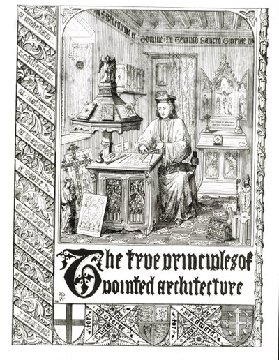 Pugin no trabalho, frontispício dos Princípios Verdadeiros da Arquitetura Pontiaguda ou Cristã, por Augustus Welby Northmore Pugin (1812-52) de English School