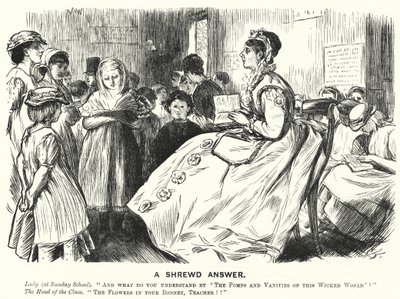 Soco cartoon: A Shrewd Asnwer - Cena da escola dominical vitoriana (gravura) de English School