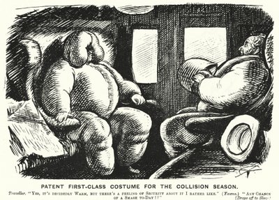 Soco cartoon: Traje de primeira classe patente para a época de colisão - segurança nos caminhos-de-ferro (gravura) de English School
