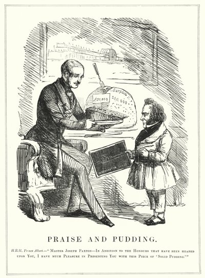 Soco cartoon: Louvor e Pudim: Príncipe Alberto premiando Joseph Paxton por projetar o Palácio de Cristal para abrigar a bem sucedida Grande Exposição de 1851 em Hyde Park, Londres (gravura) de English School