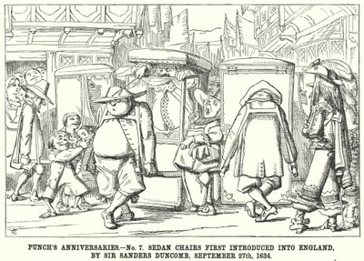 Soco cartoon: Aniversários de socos - Nº 7. Sedan Chairs First Introduced into England, por Sir Sanders Duncomb, 27 de Setembro de English School